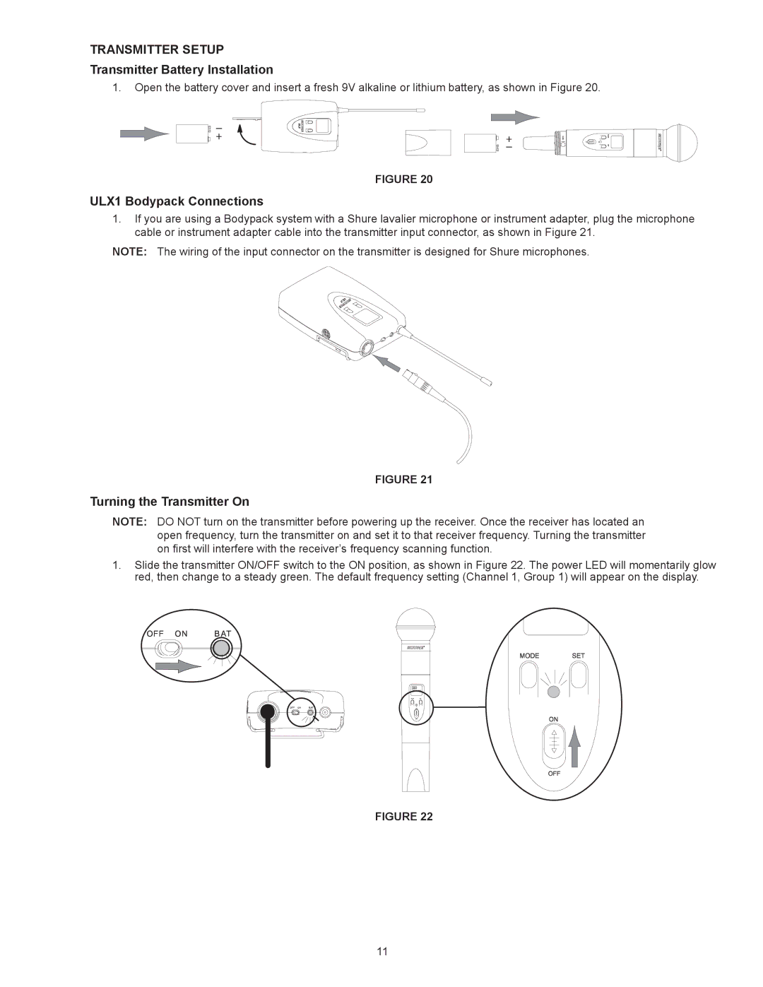 Shure manual Transmitter Setup, Transmitter Battery Installation, ULX1 Bodypack Connections, Turning the Transmitter On 