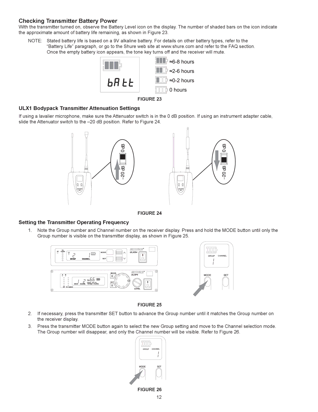 Shure manual ULX1 Bodypack Transmitter Attenuation Settings, Setting the Transmitter Operating Frequency 