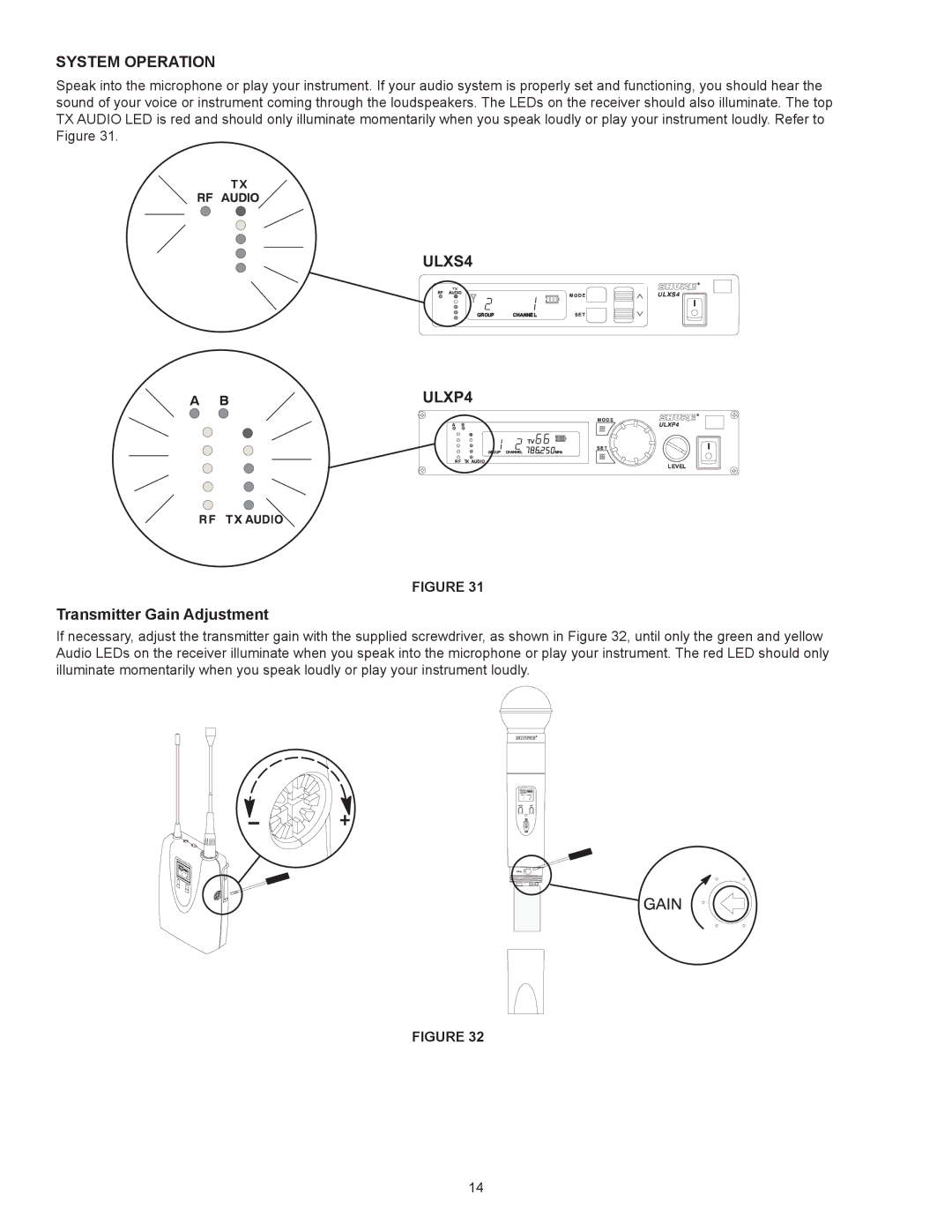 Shure manual System Operation, ULXS4 ULXP4, Transmitter Gain Adjustment 