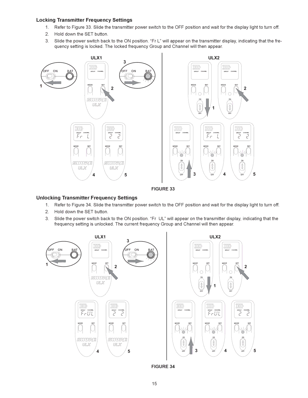 Shure ULX manual Locking Transmitter Frequency Settings, Unlocking Transmitter Frequency Settings 