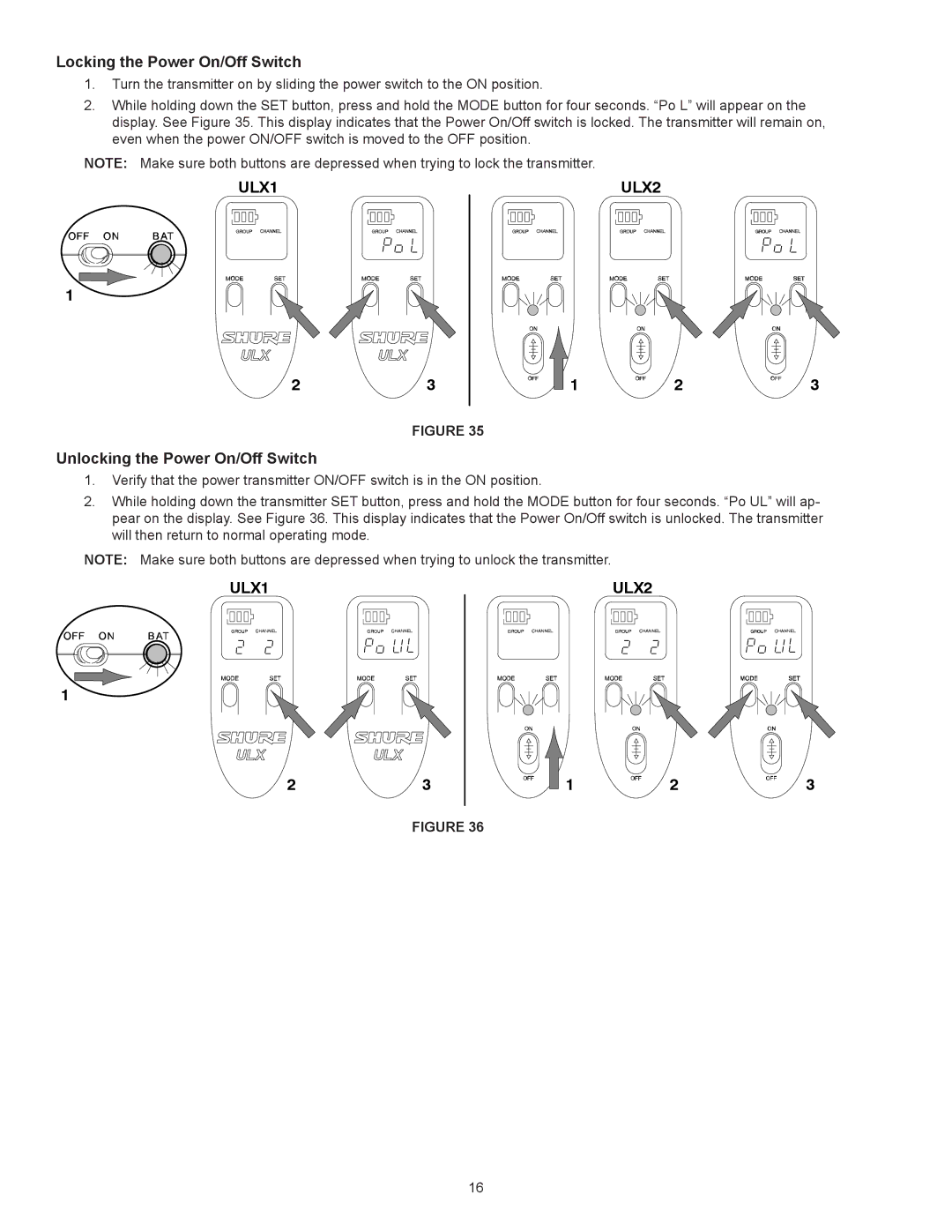 Shure ULX manual Locking the Power On/Off Switch, Unlocking the Power On/Off Switch 