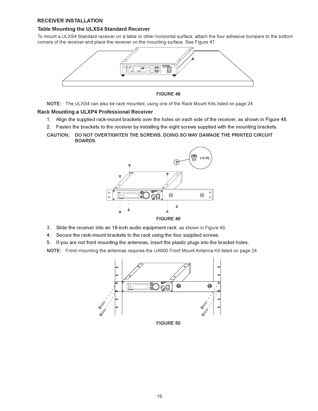 Shure Receiver Installation, Table Mounting the ULXS4 Standard Receiver, Rack Mounting a ULXP4 Professional Receiver 