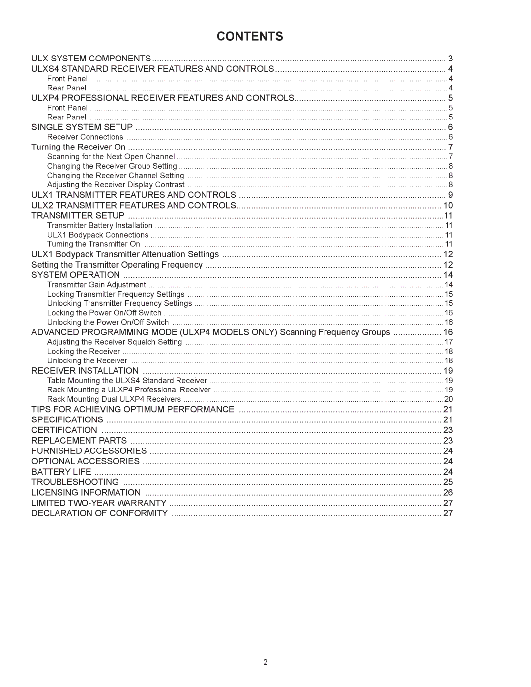 Shure ULX manual Contents 