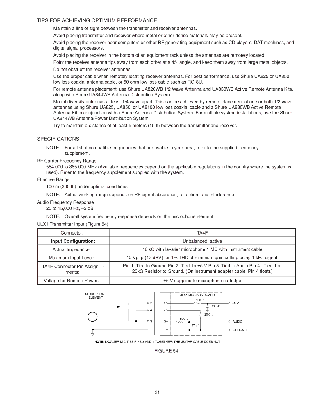 Shure ULX manual Tips for Achieving Optimum Performance, Specifications 