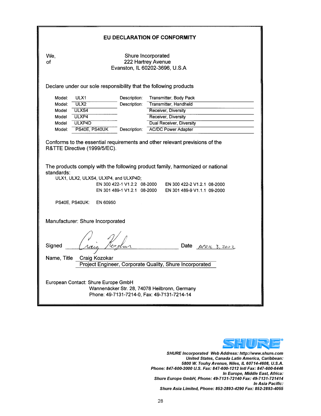 Shure ULX manual Shure Asia Limited, Phone 852-2893-4290 Fax 