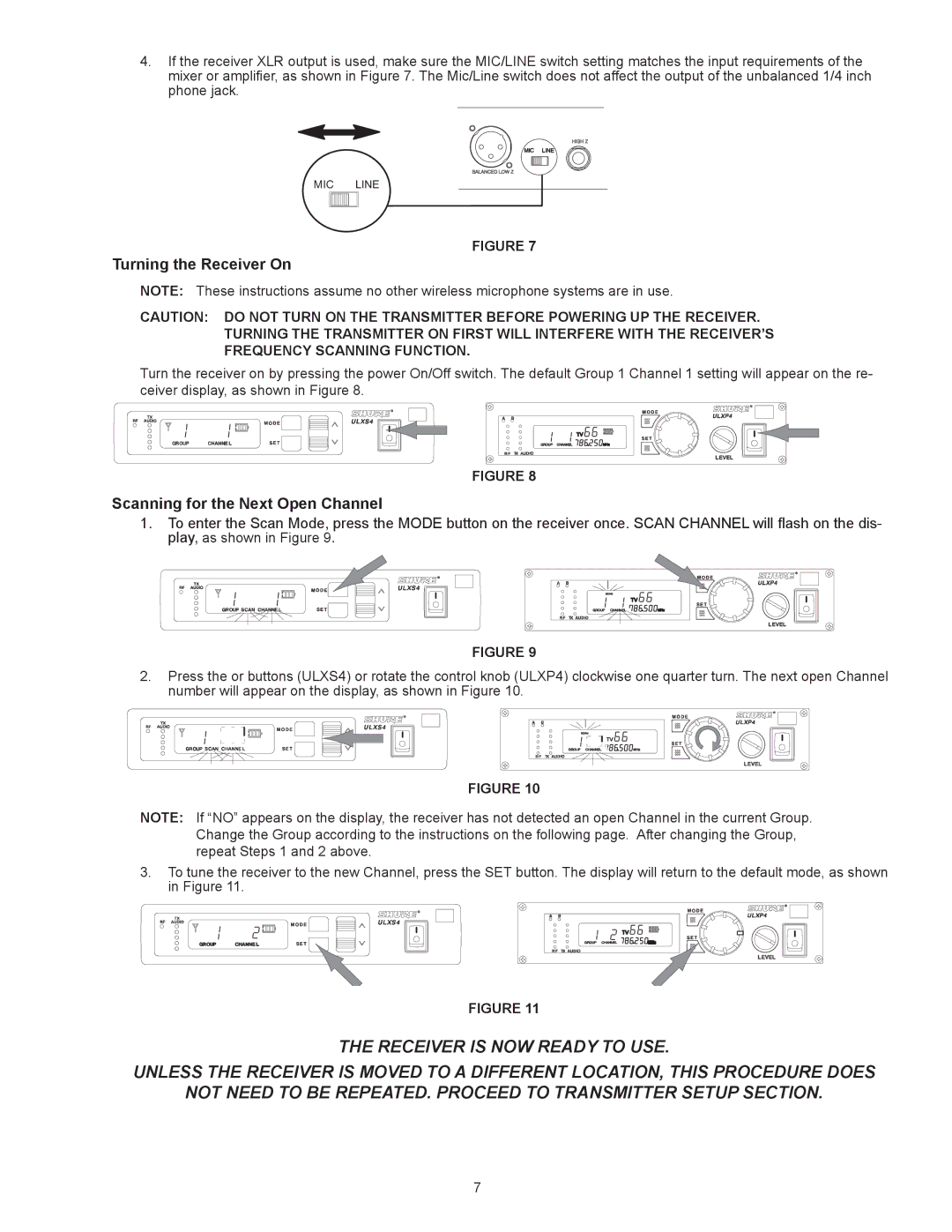 Shure ULX manual Turning the Receiver On, Scanning for the Next Open Channel 