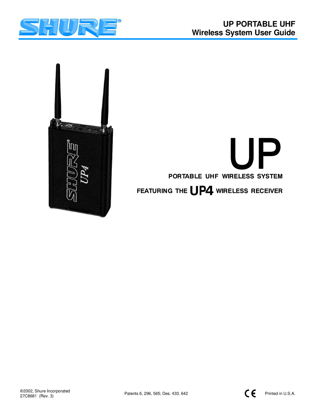 Shure UP4 manual UP Portable UHF Wireless System User Guide 