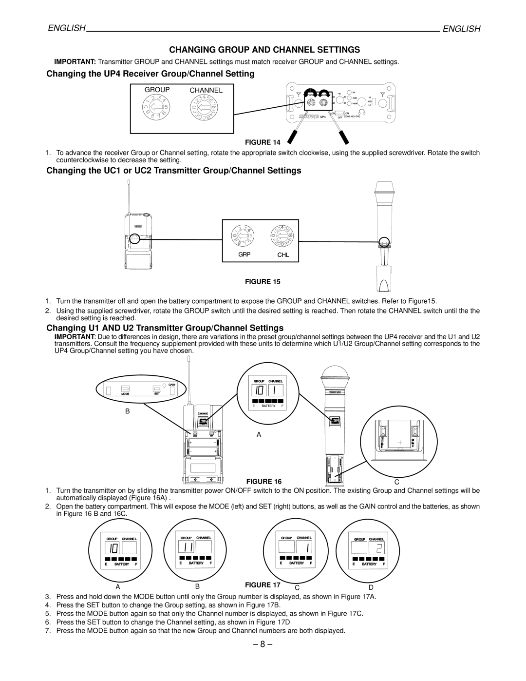 Shure manual Changing Group and Channel Settings, Changing the UP4 Receiver Group/Channel Setting 