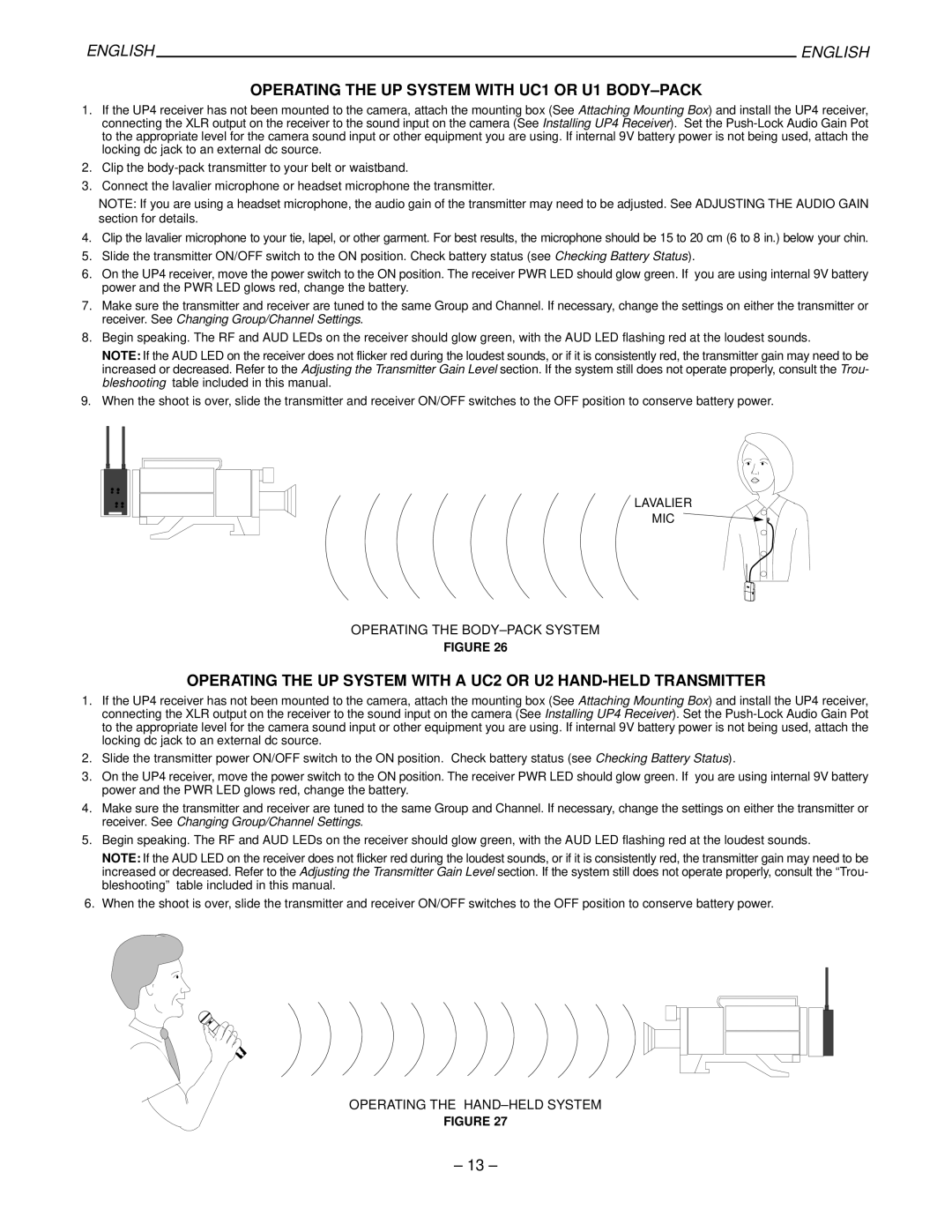 Shure UP4 manual Operating the UP System with UC1 or U1 BODY-PACK 