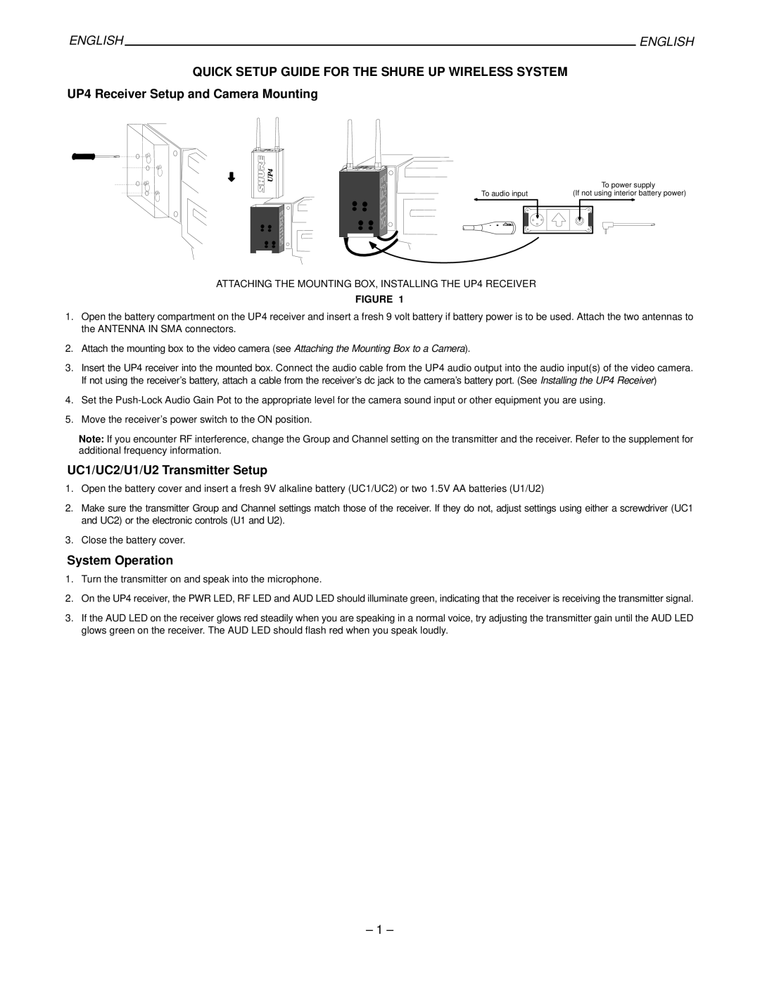 Shure UP4 manual UC1/UC2/U1/U2 Transmitter Setup, System Operation 