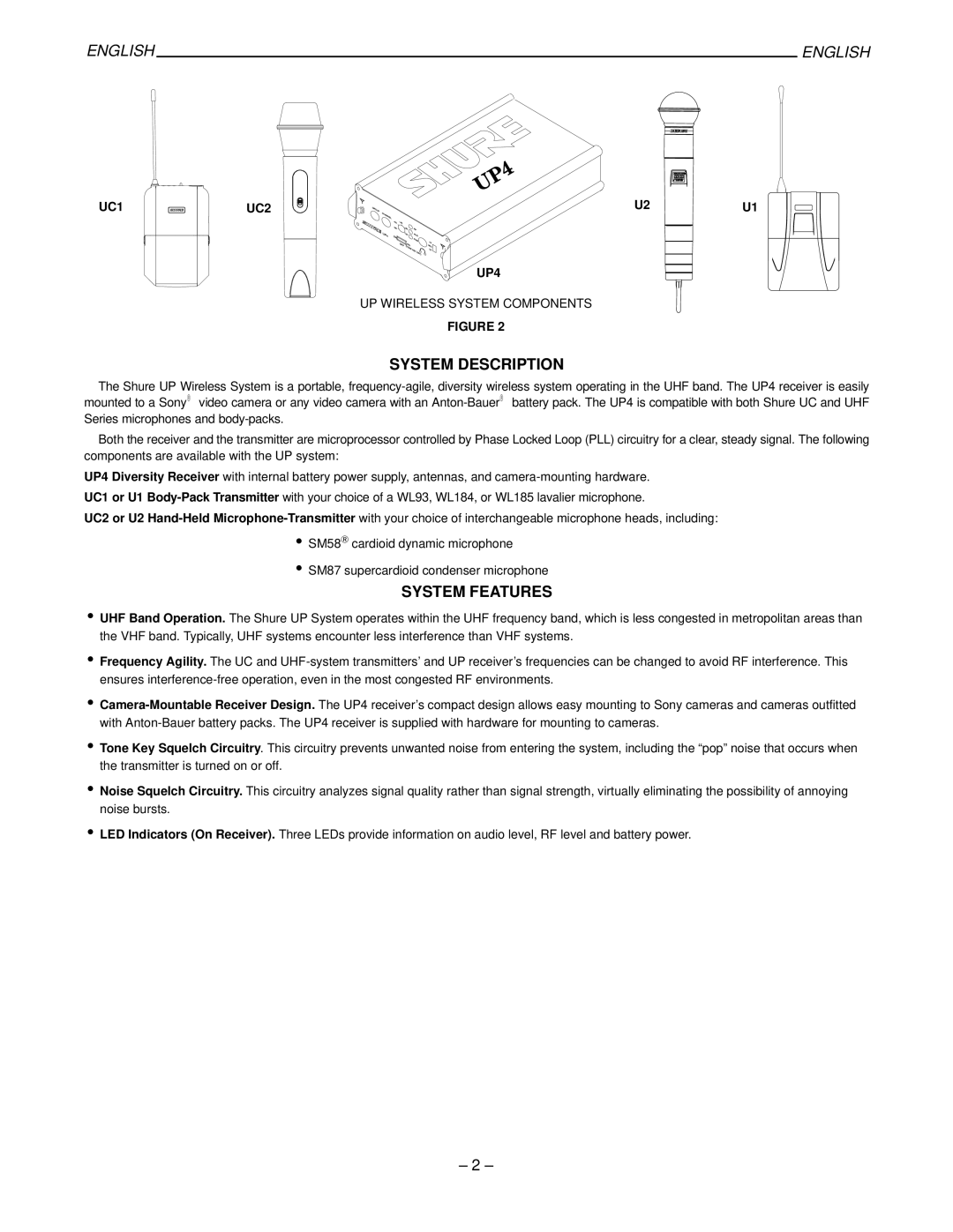 Shure manual System Description, System Features, UC1 UC2 UP4 