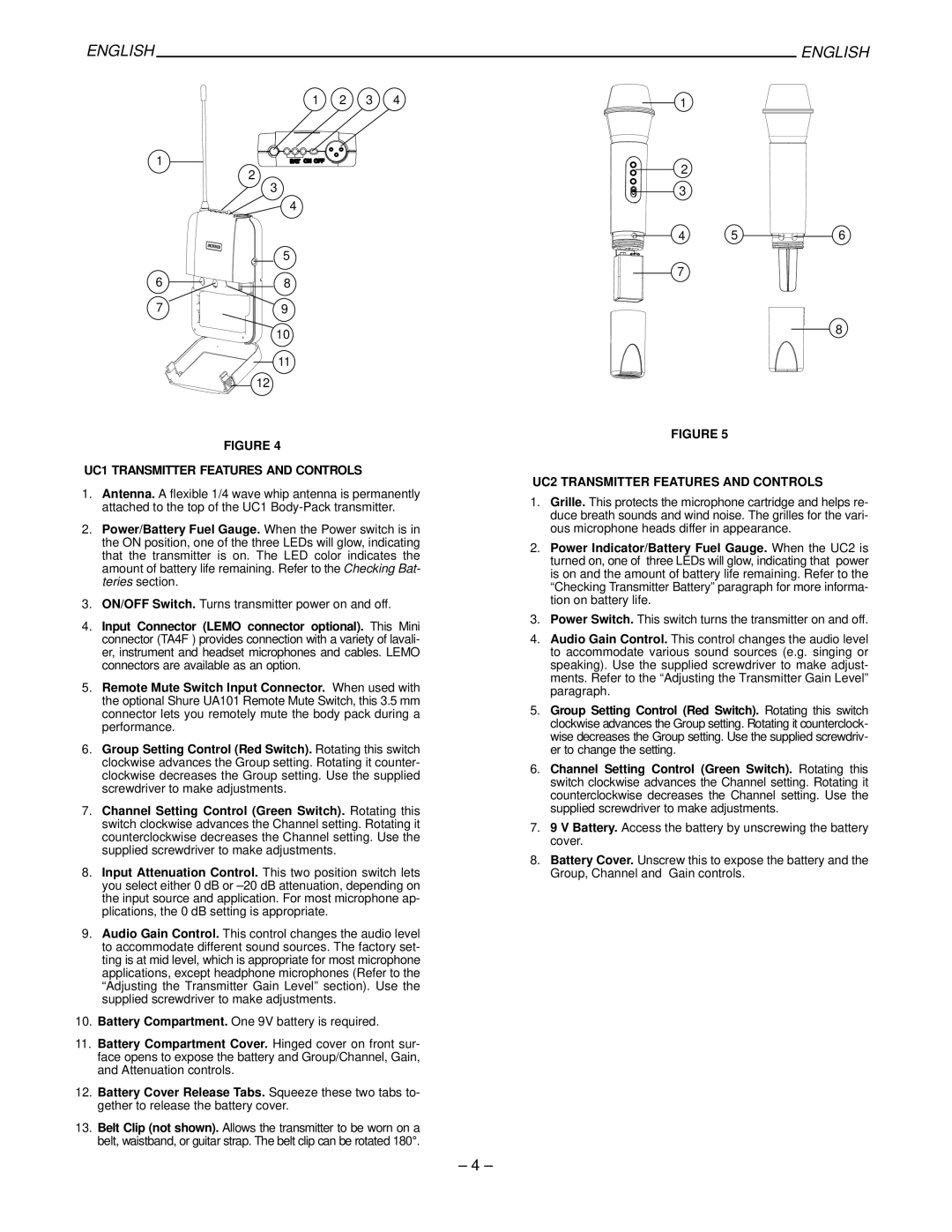 Shure UP4 manual UC1 Transmitter Features and Controls, UC2 Transmitter Features and Controls 