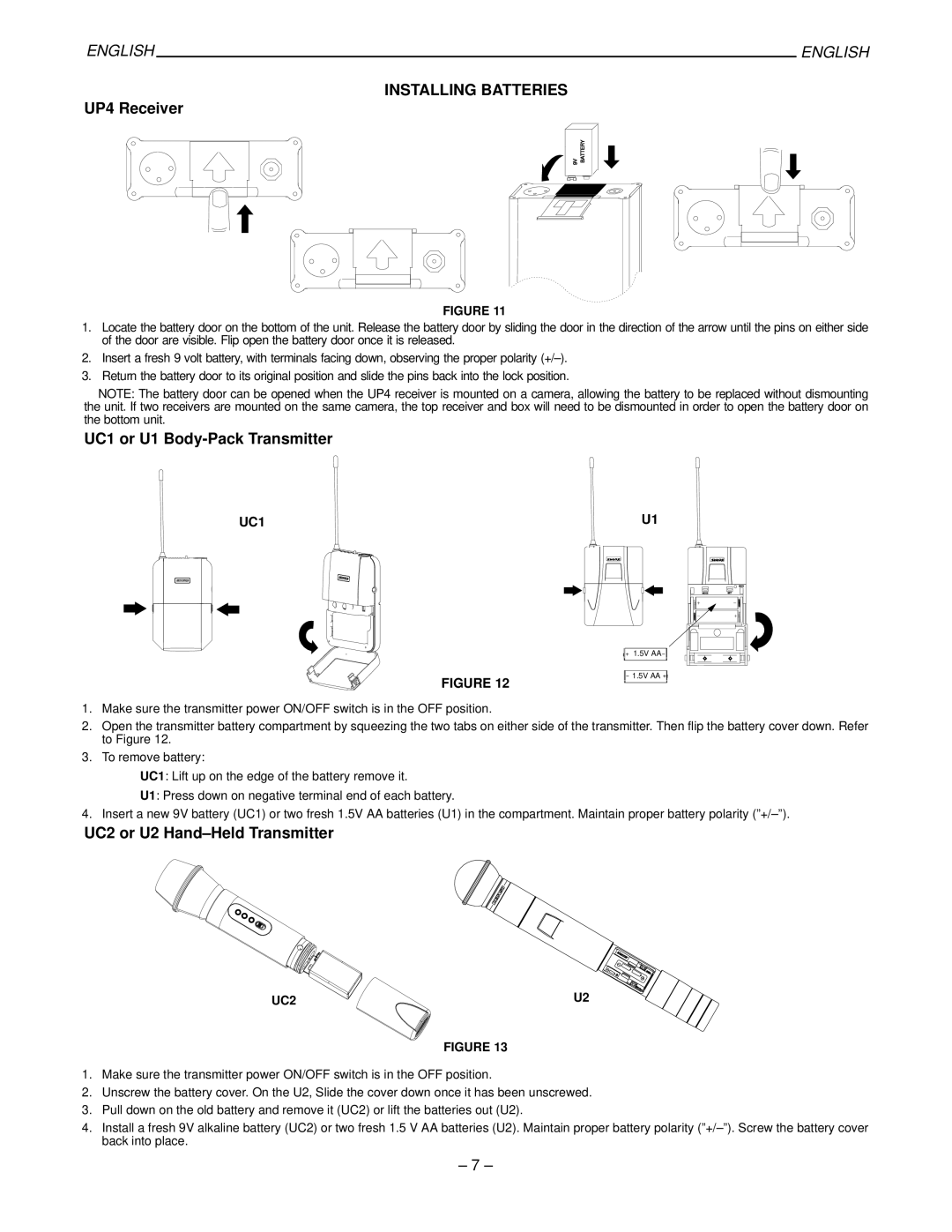 Shure UP4 manual Installing Batteries, UC1 or U1 Body-Pack Transmitter, UC2 or U2 Hand-Held Transmitter 