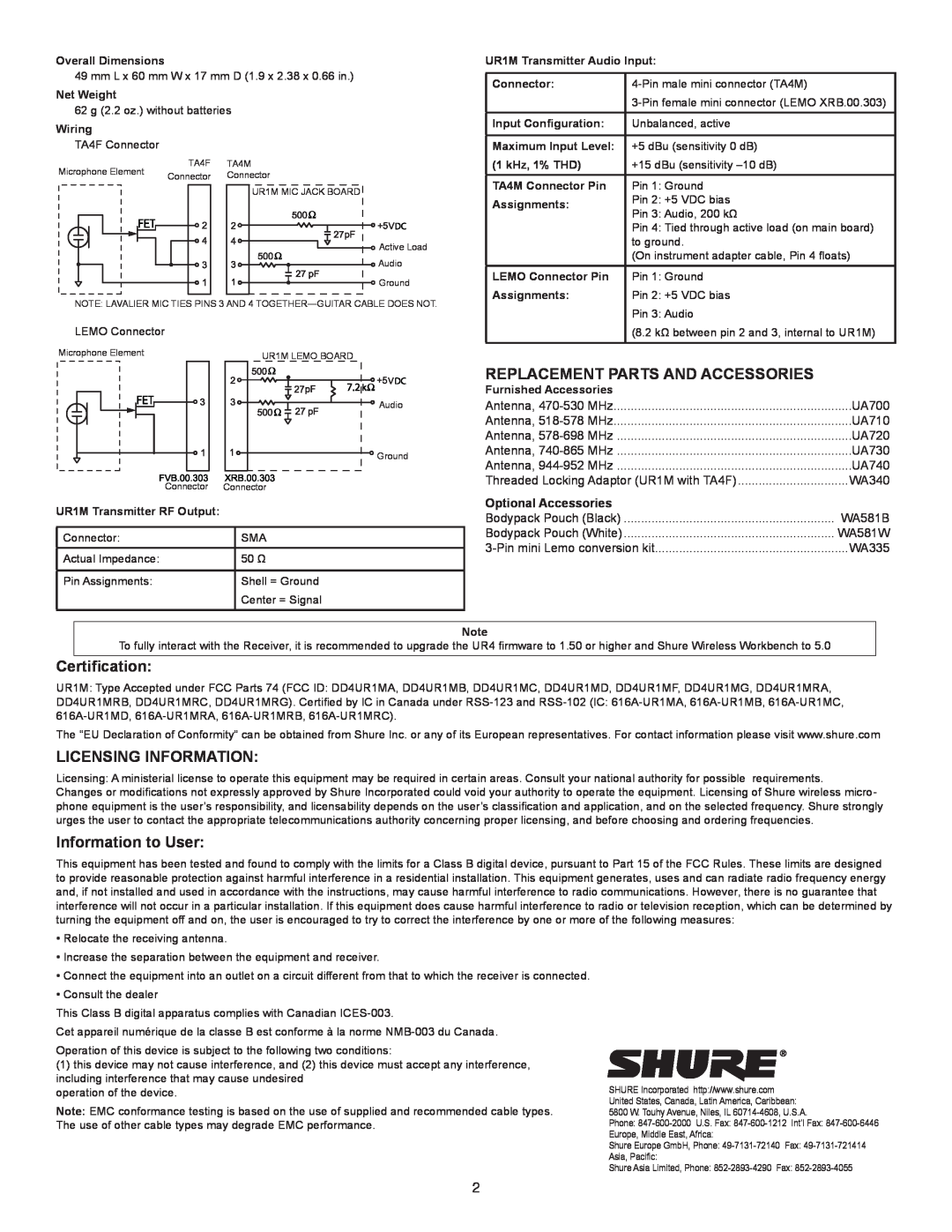 Shure UR1M Replacement Parts And Accessories, Certification, Licensing Information, Information to User, UA700, UA710 