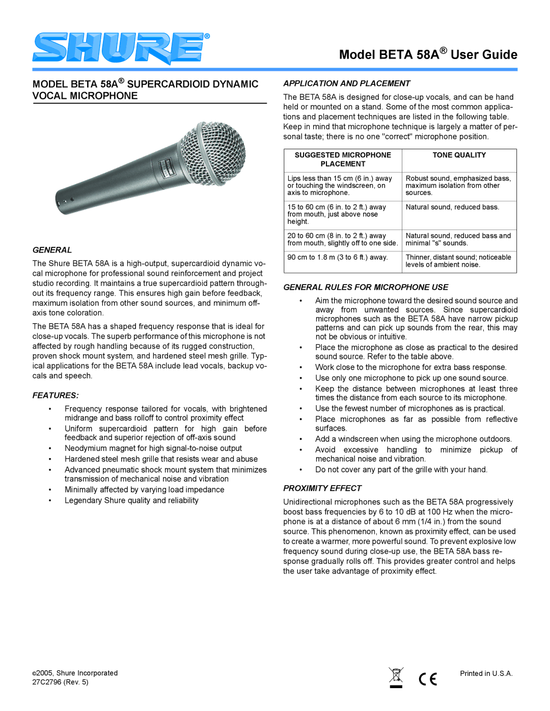 Shure manual Model Beta 58A Supercardioid Dynamic Vocal Microphone 