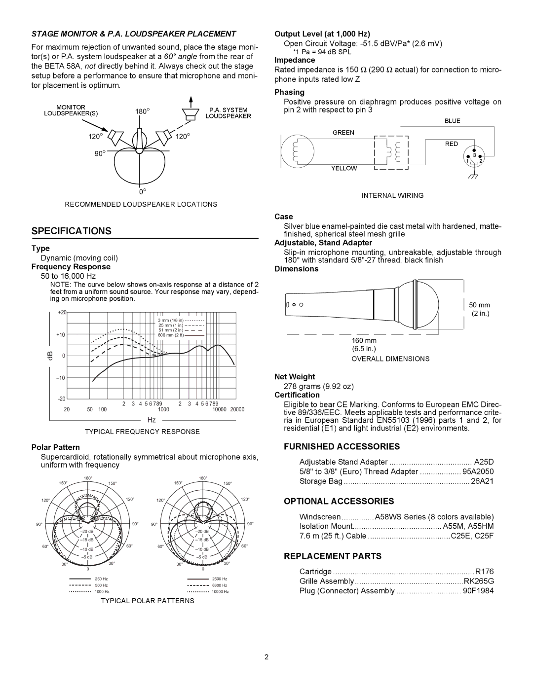 Shure Vocal Mic manual Specifications, Stage Monitor & P.A. Loudspeaker Placement 