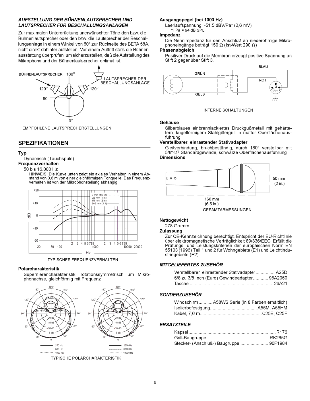 Shure Vocal Mic manual Spezifikationen, Mitgeliefertes Zubehör, Sonderzubehör, Ersatzteile 