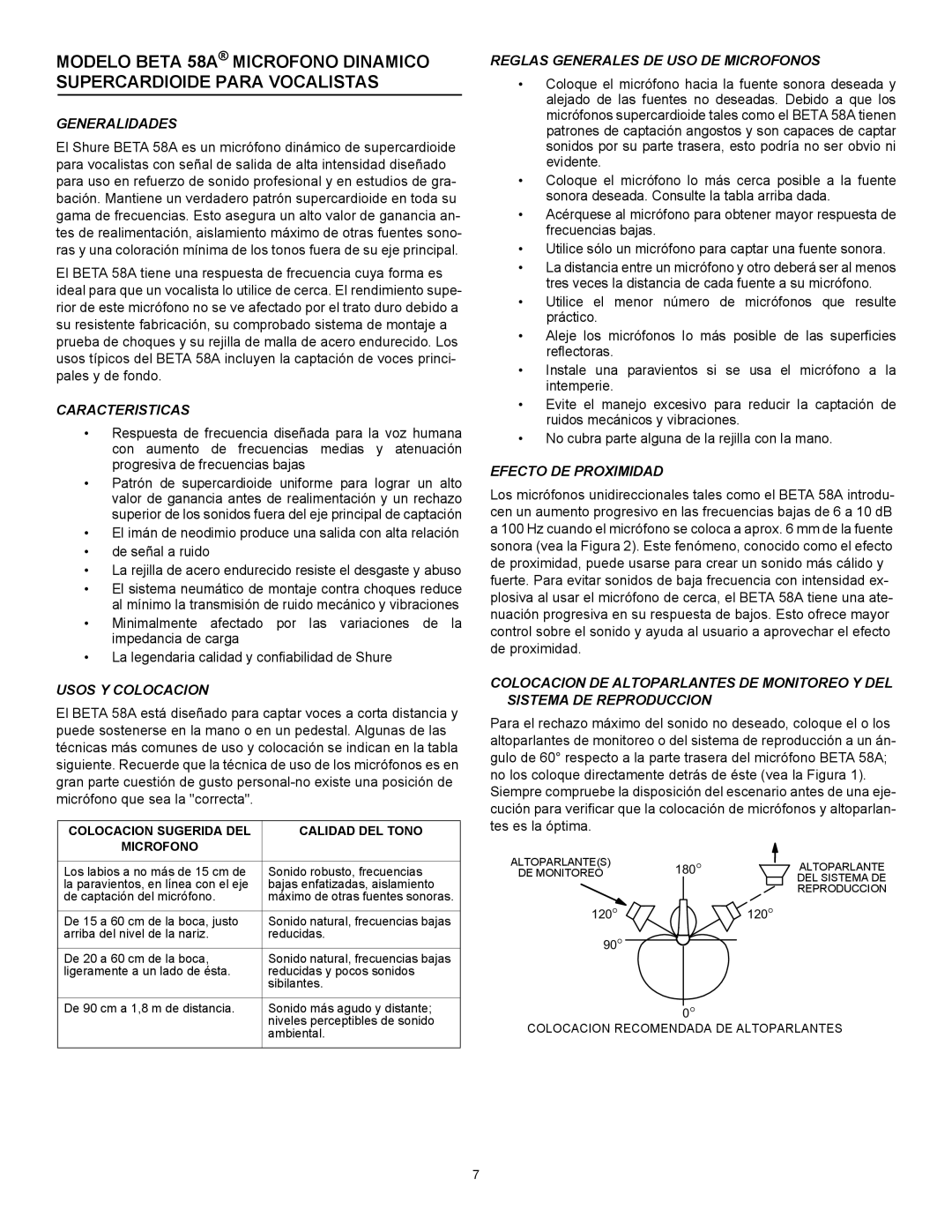 Shure Vocal Mic manual Generalidades, Caracteristicas, Usos Y Colocacion, Reglas Generales DE USO DE Microfonos 