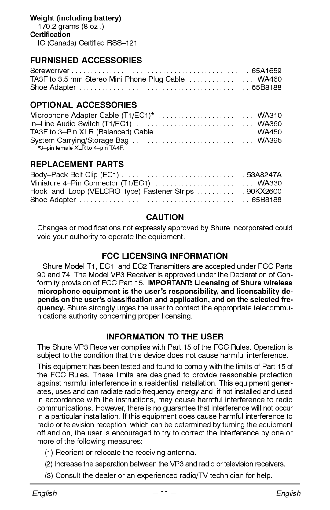 Shure VP manual Furnished Accessories, Optional Accessories, Replacement Parts, FCC Licensing Information 