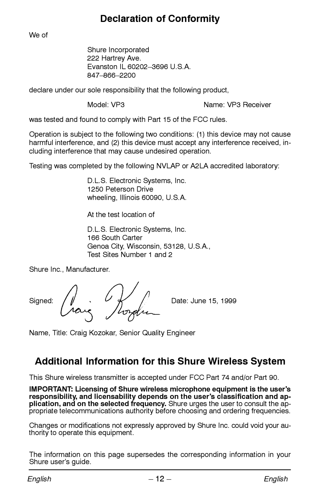 Shure VP manual Declaration of Conformity 