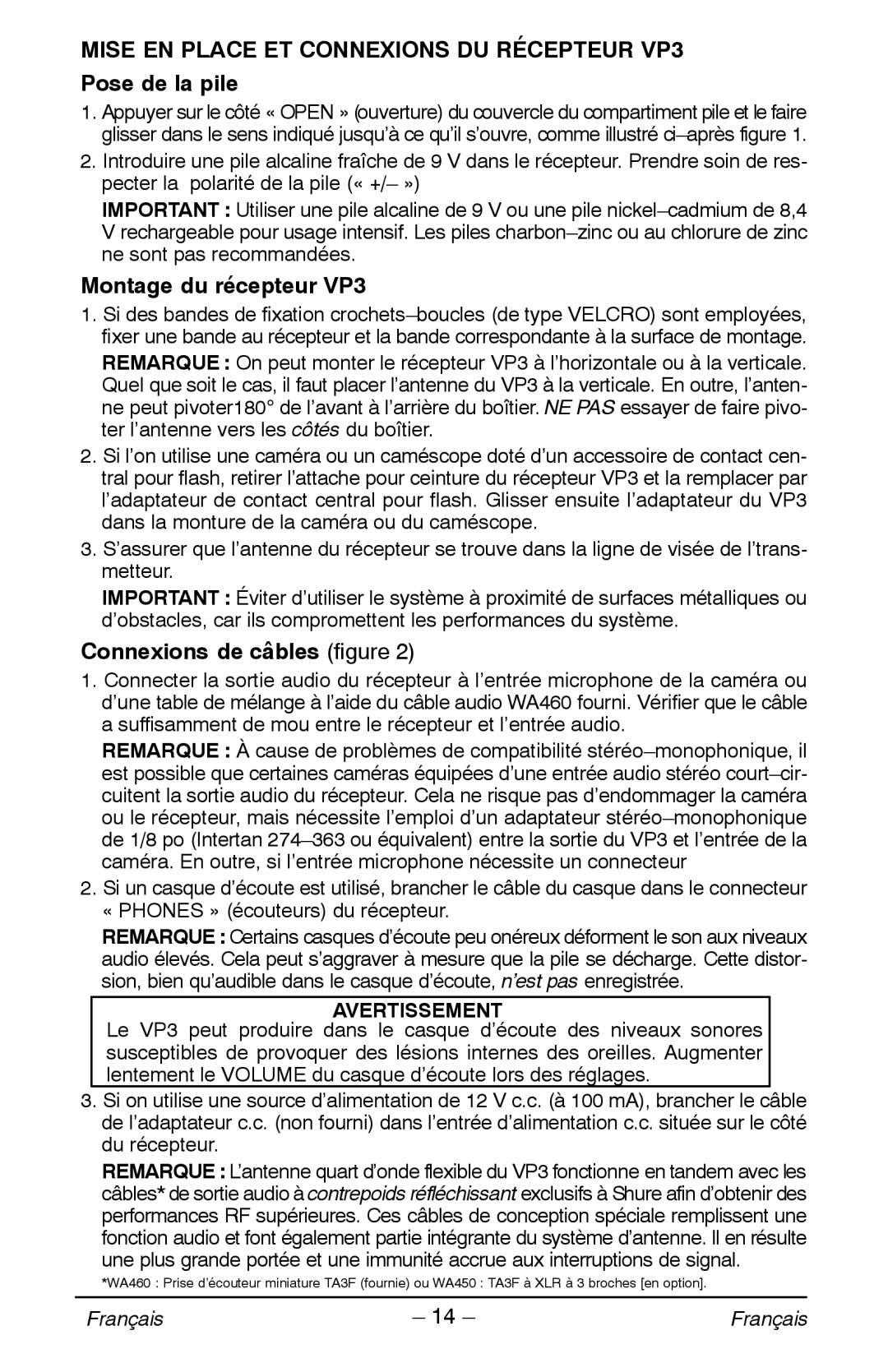 Shure manual Montage du récepteur VP3, Connexions de câbles figure 