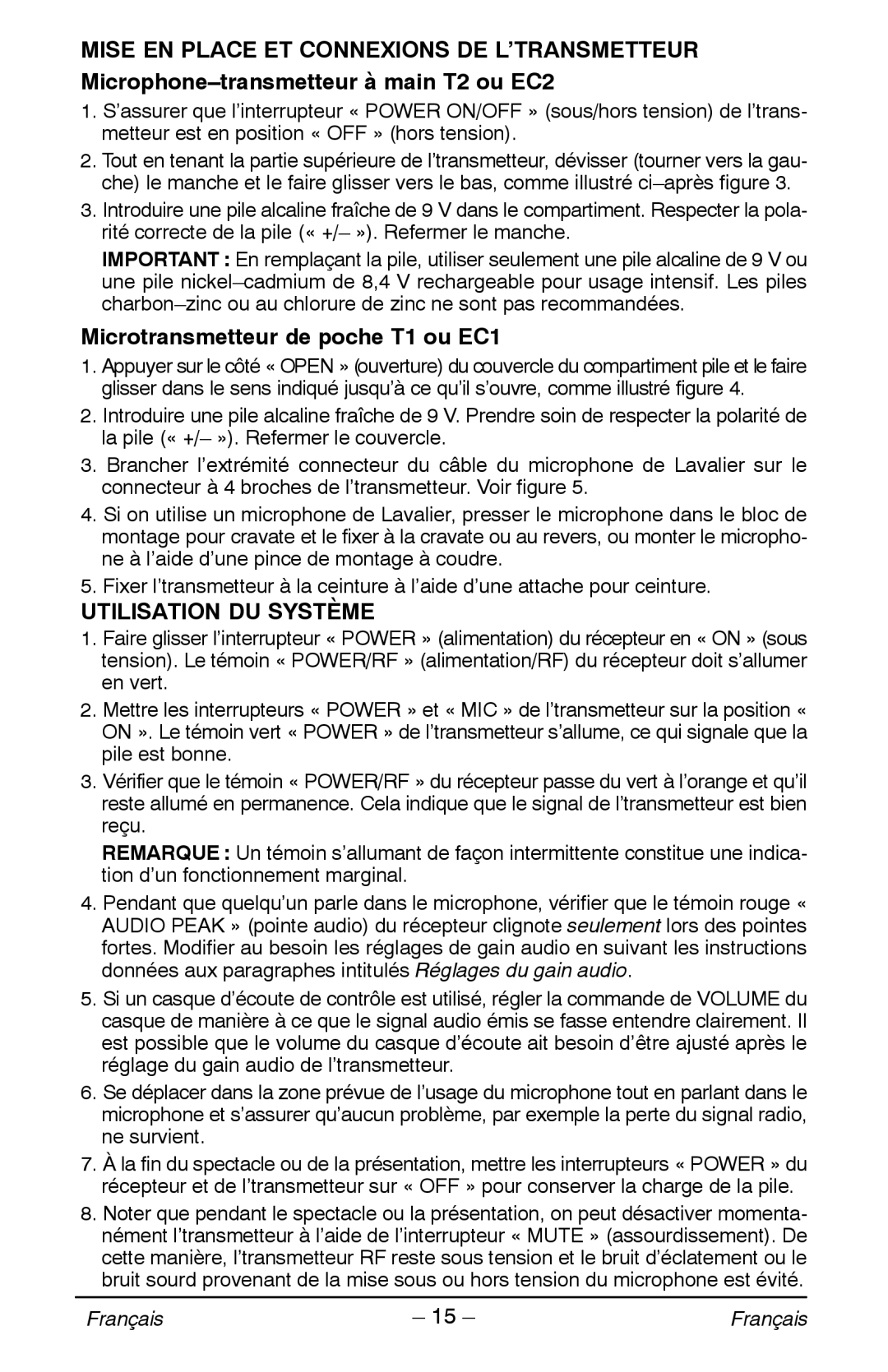 Shure VP manual Microtransmetteur de poche T1 ou EC1, Utilisation DU Système 