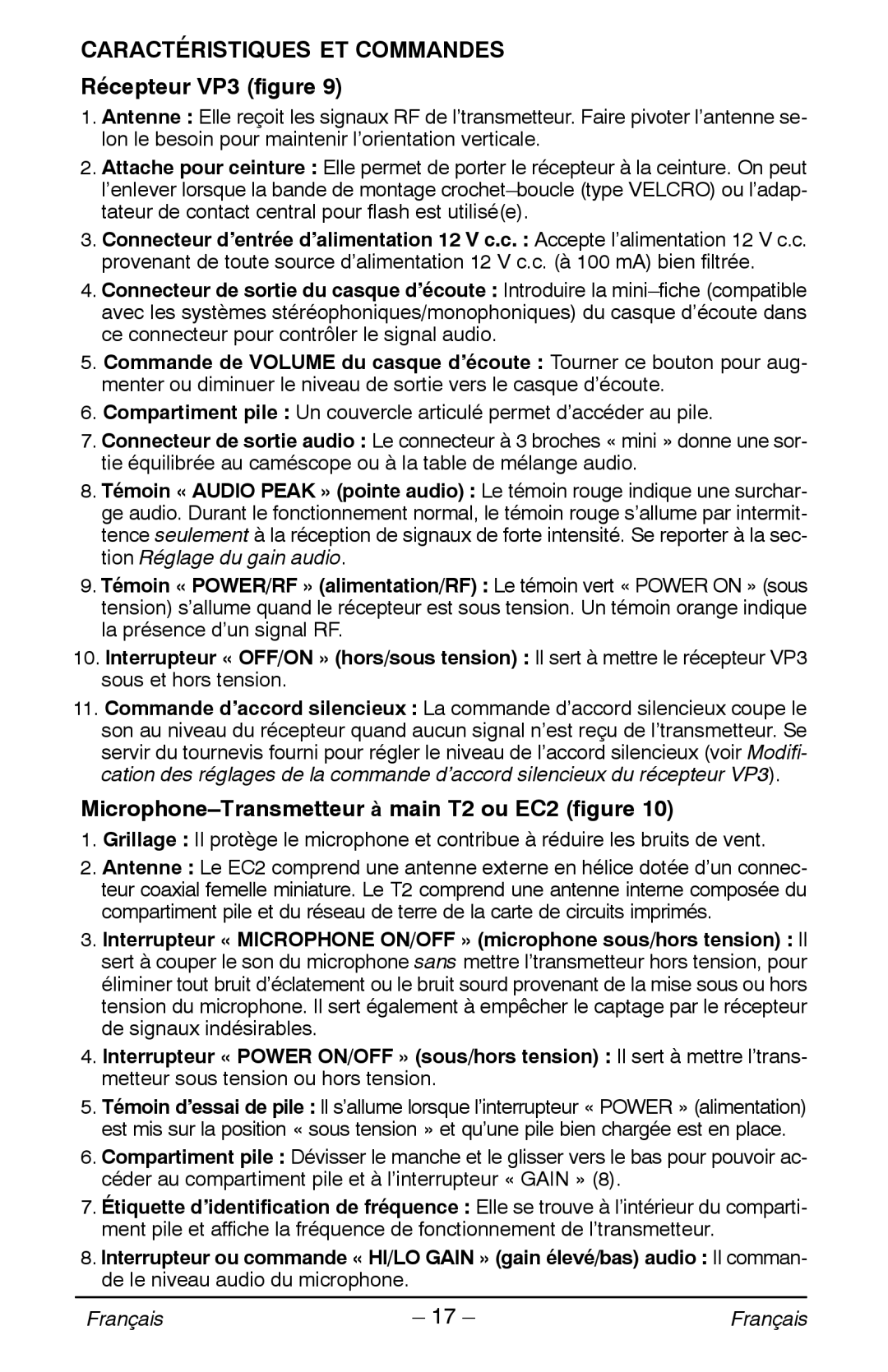 Shure manual Caractéristiques ET Commandes, Récepteur VP3 figure, Microphone-Transmetteur à main T2 ou EC2 figure 