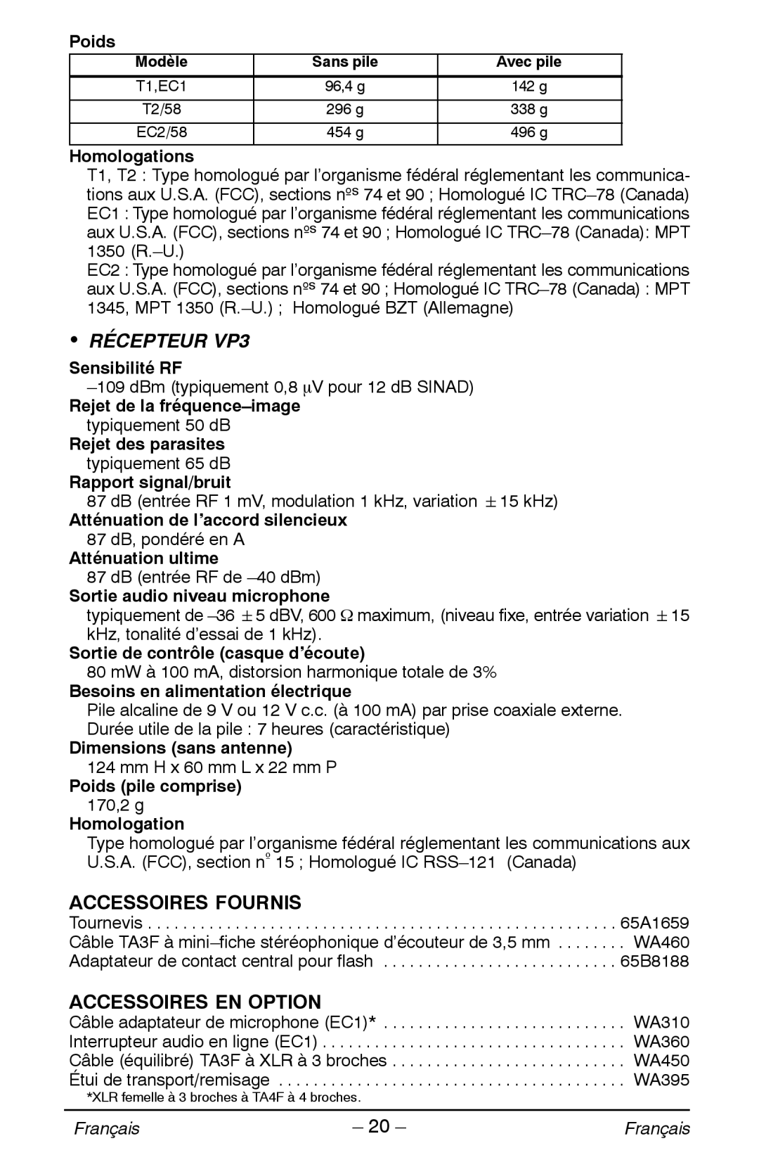 Shure manual Récepteur VP3, Accessoires Fournis, Accessoires EN Option 