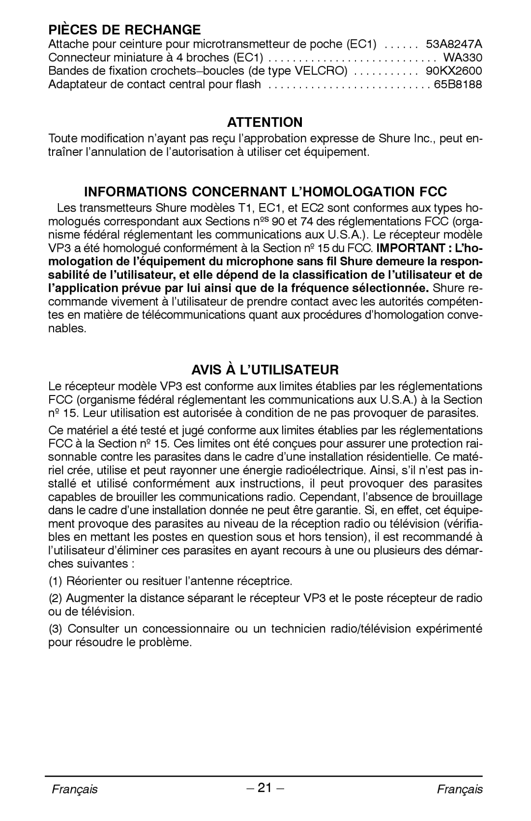 Shure VP manual Pièces DE Rechange, Informations Concernant L’HOMOLOGATION FCC, Avis À L’UTILISATEUR 