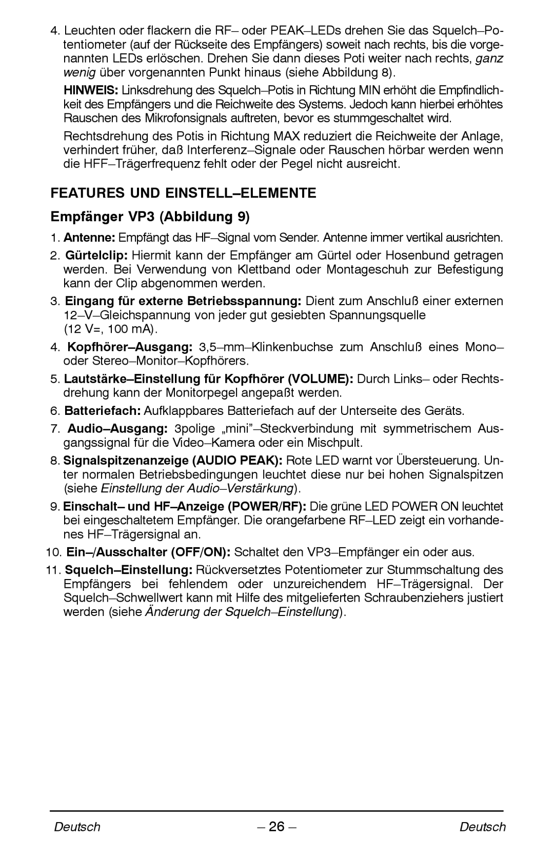 Shure manual Features UND EINSTELL-ELEMENTE, Empfänger VP3 Abbildung 