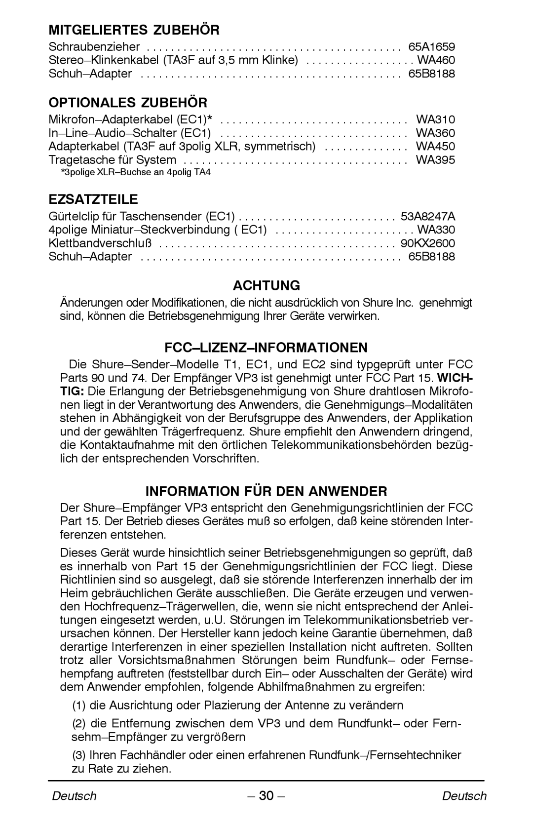 Shure VP manual Mitgeliertes Zubehör, Optionales Zubehör, Ezsatzteile, Achtung, Fcc-Lizenz-Informationen 