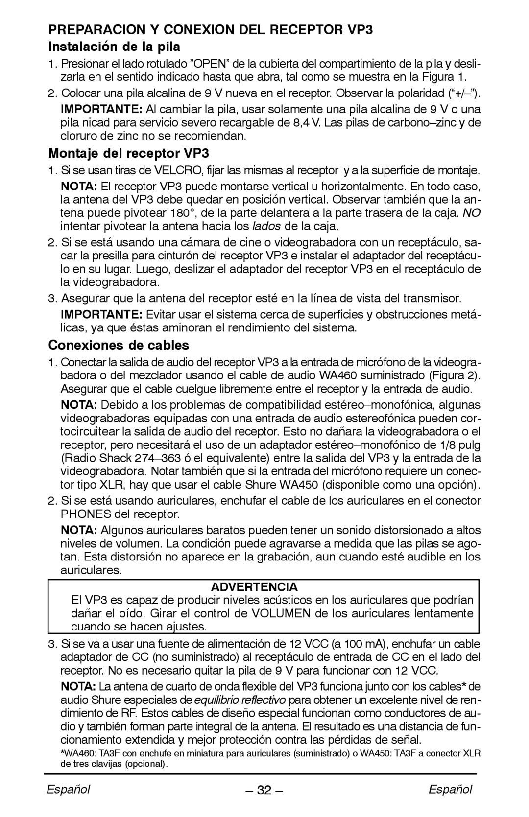 Shure Preparacion Y Conexion DEL Receptor VP3, Instalación de la pila, Montaje del receptor VP3, Conexiones de cables 