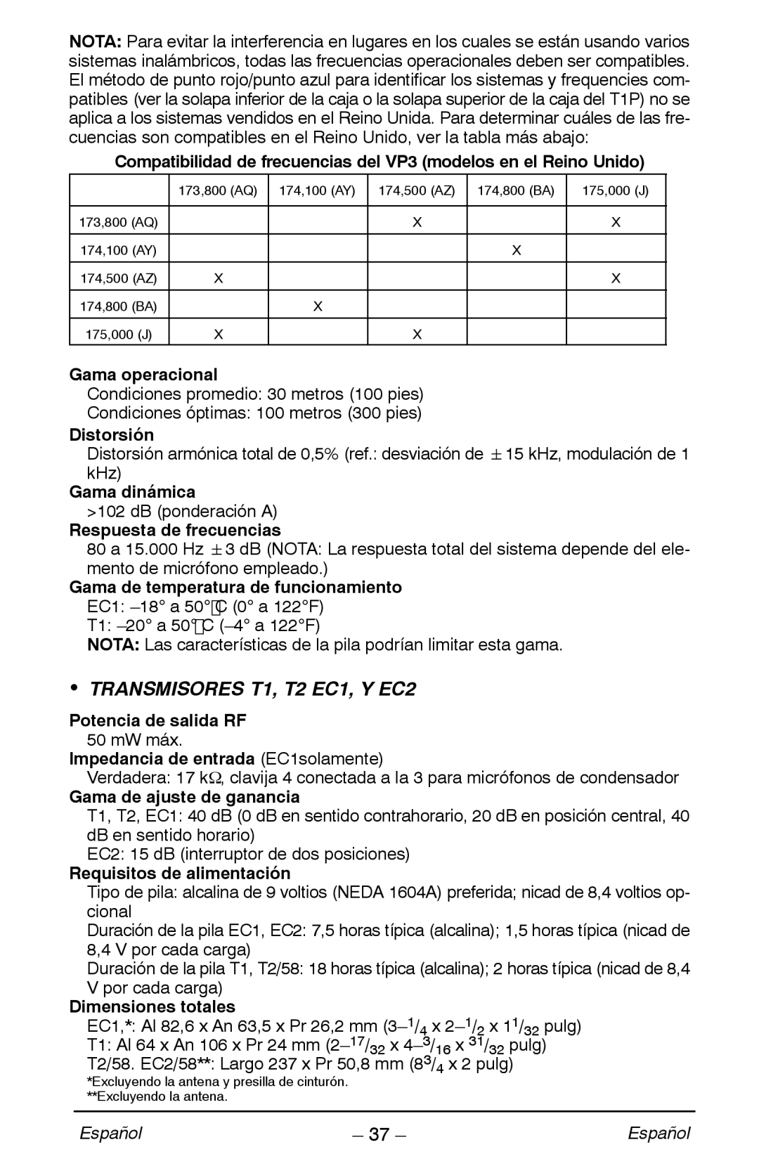 Shure VP manual Transmisores T1, T2 EC1, Y EC2 