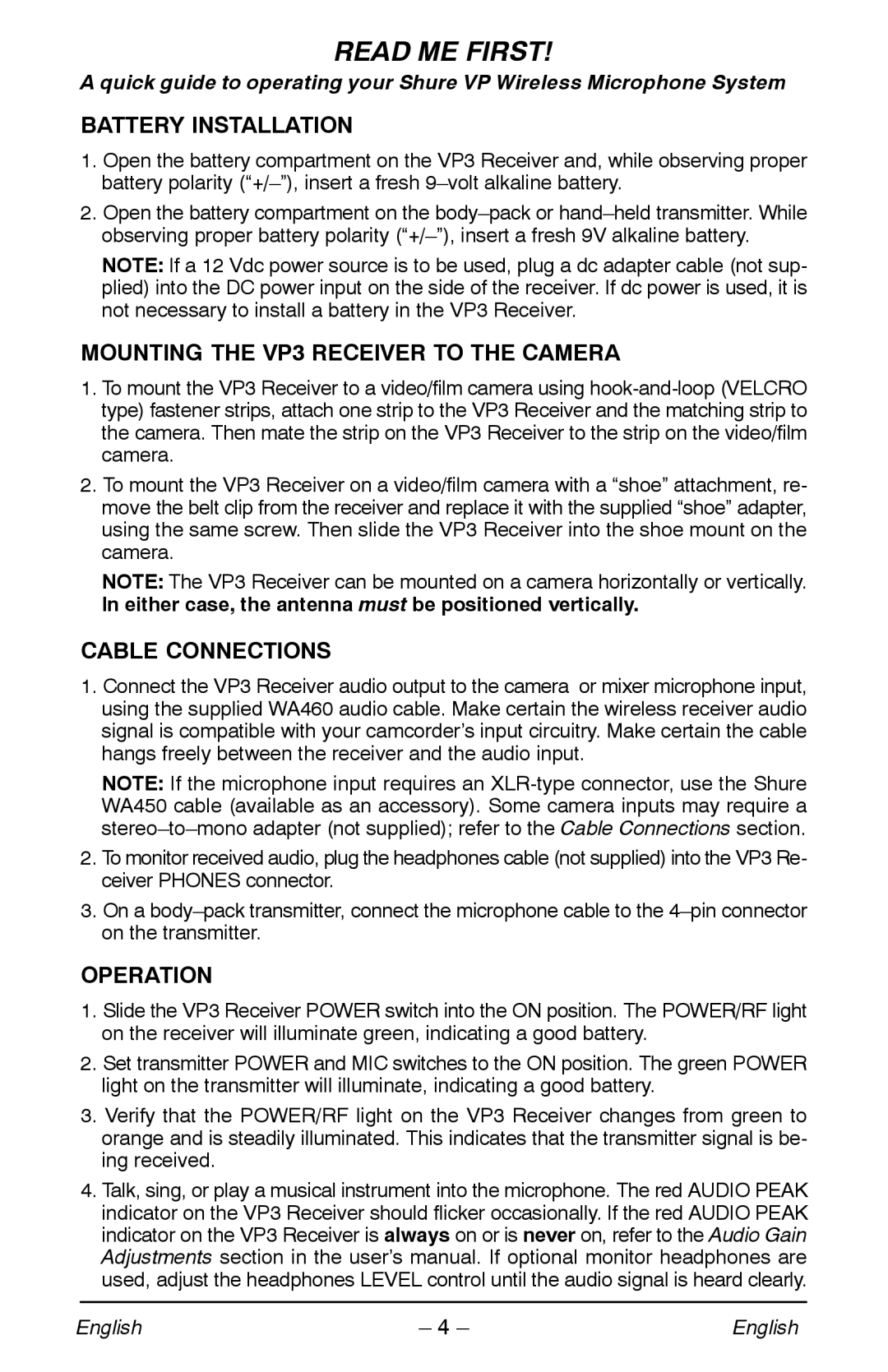 Shure manual Battery Installation, Mounting the VP3 Receiver to the Camera, Cable Connections, Operation 