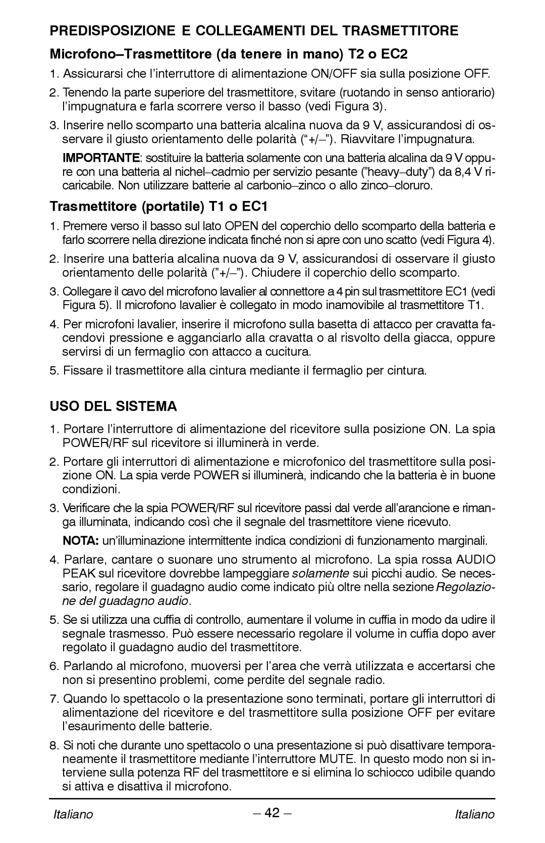 Shure VP manual Trasmettitore portatile T1 o EC1, USO DEL Sistema 