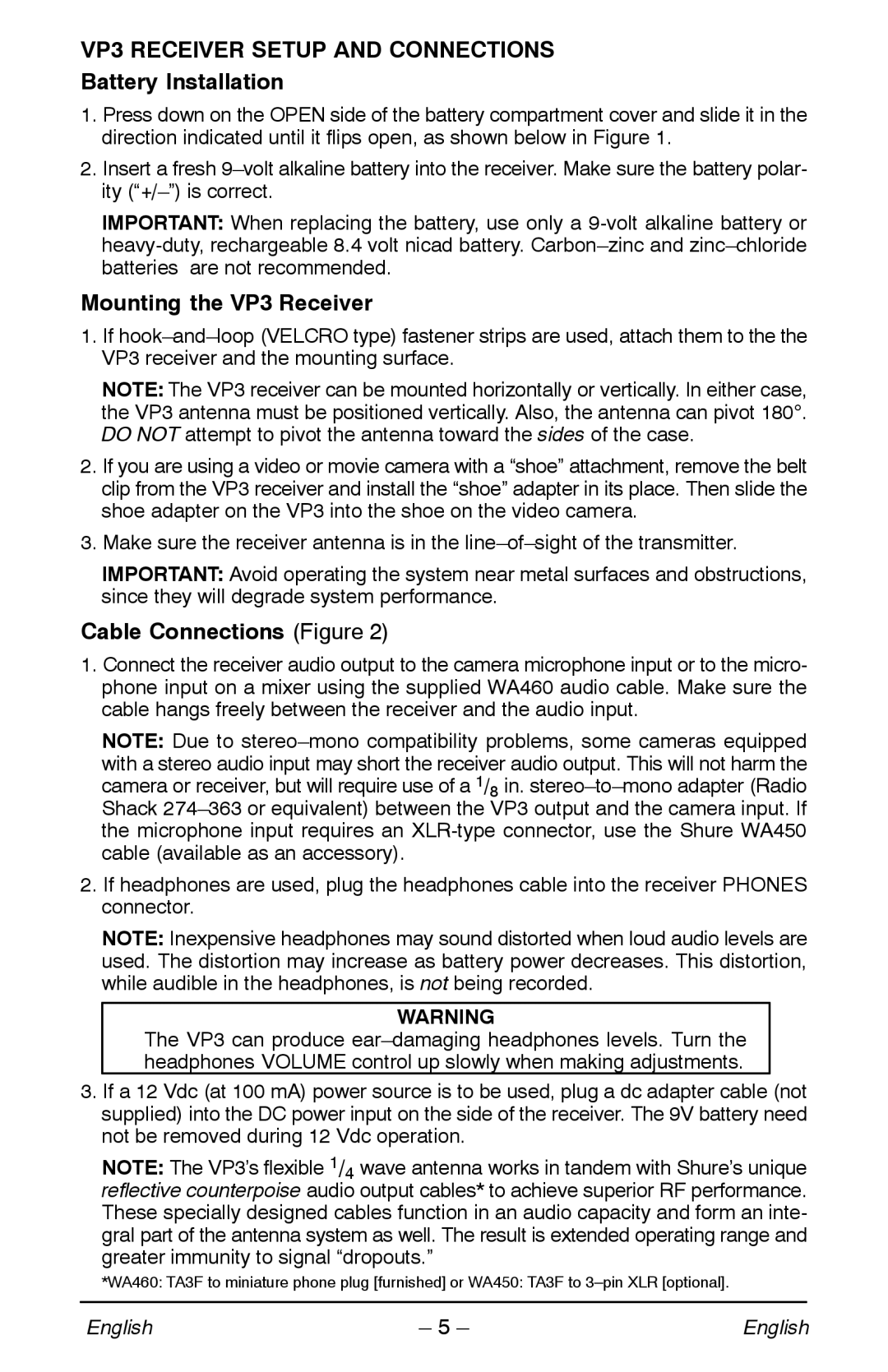 Shure VP3 Receiver Setup and Connections, Battery Installation, Mounting the VP3 Receiver, Cable Connections Figure 