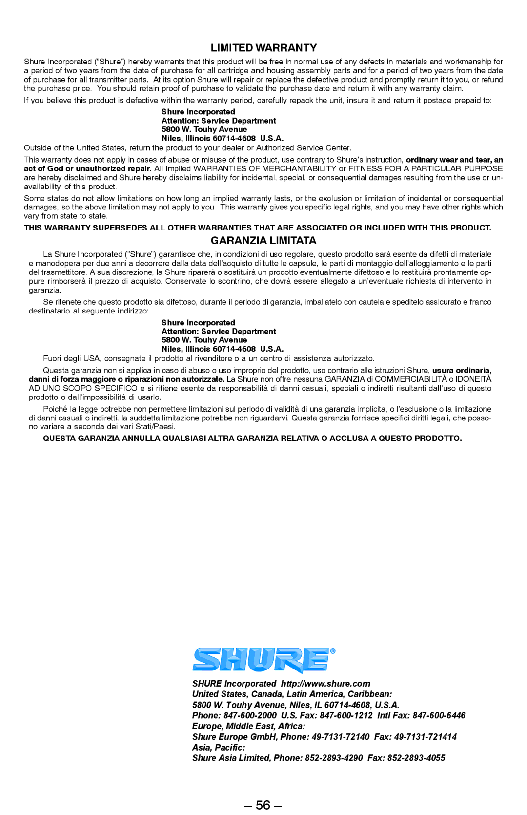 Shure VP manual Limited Warranty 