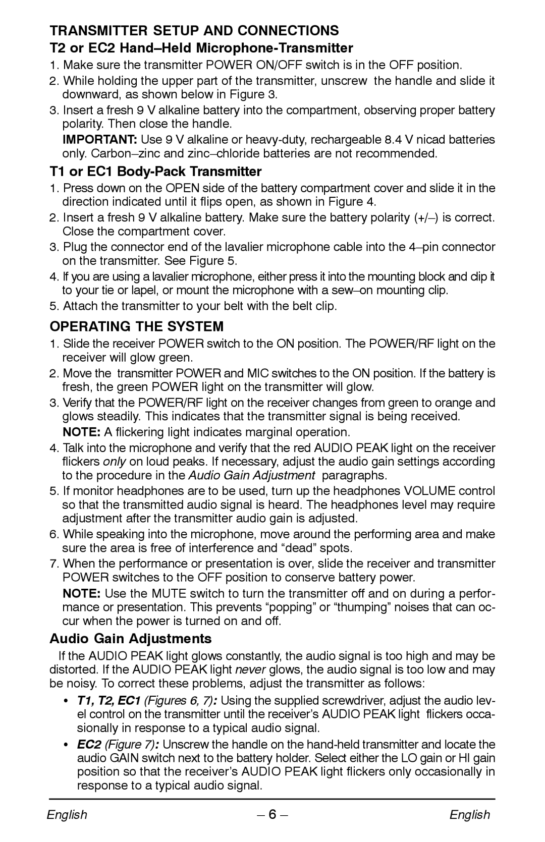 Shure VP Transmitter Setup and Connections, T2 or EC2 Hand-Held Microphone-Transmitter, T1 or EC1 Body-Pack Transmitter 