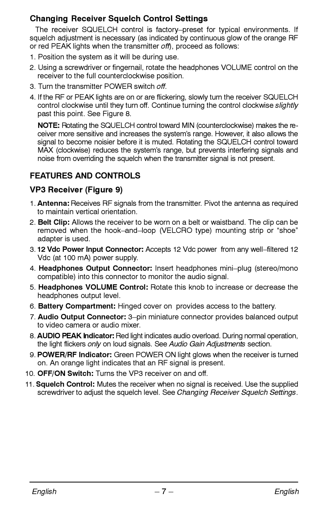 Shure manual Changing Receiver Squelch Control Settings, Features and Controls, VP3 Receiver Figure 