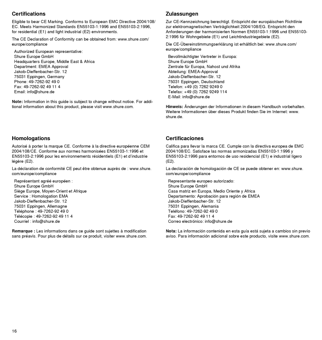 Shure VP82 manual Certifications 