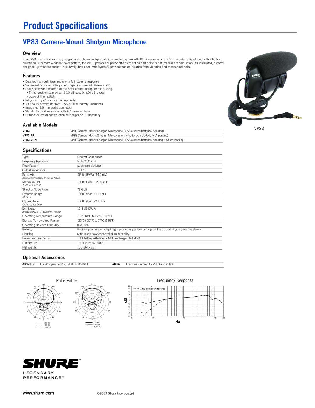 Shure VP83 specifications Overview, Features, Available Models, Specifications, Optional Accessories 