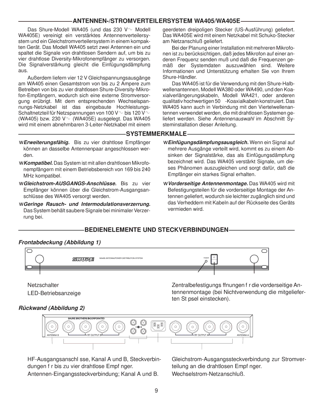 Shure manual ANTENNEN-/STROMVERTEILERSYSTEM WA405/WA405E, Systemmerkmale, Bedienelemente UND Steckverbindungen 