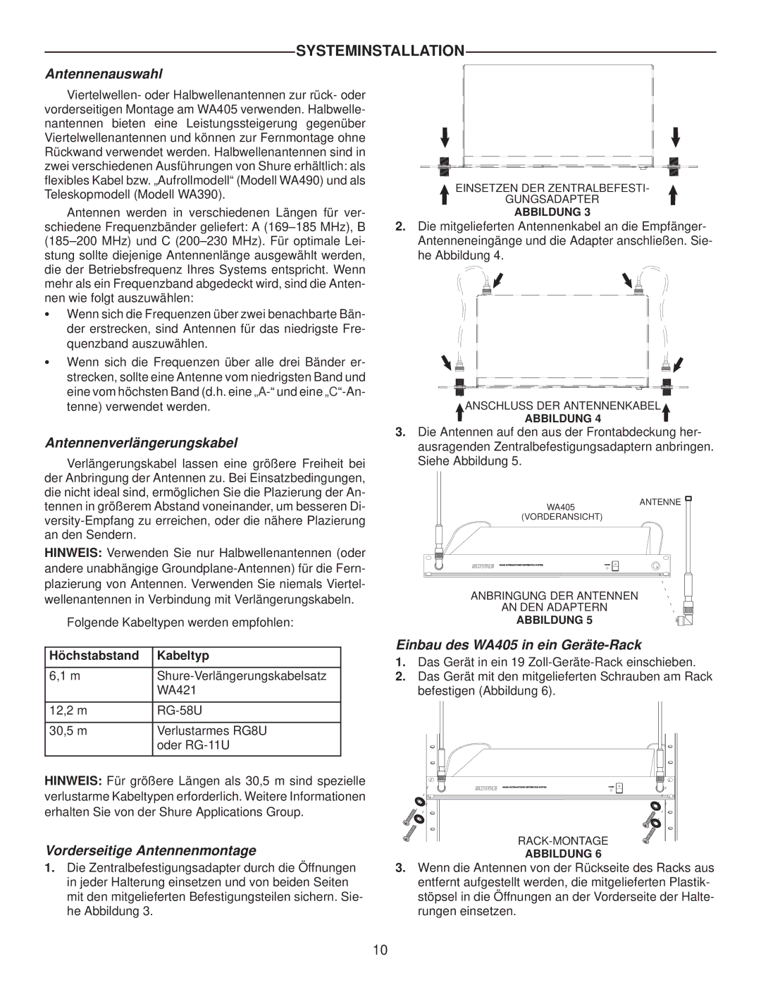 Shure WA405 manual Systeminstallation, Antennenauswahl, Antennenverlängerungskabel, Vorderseitige Antennenmontage 