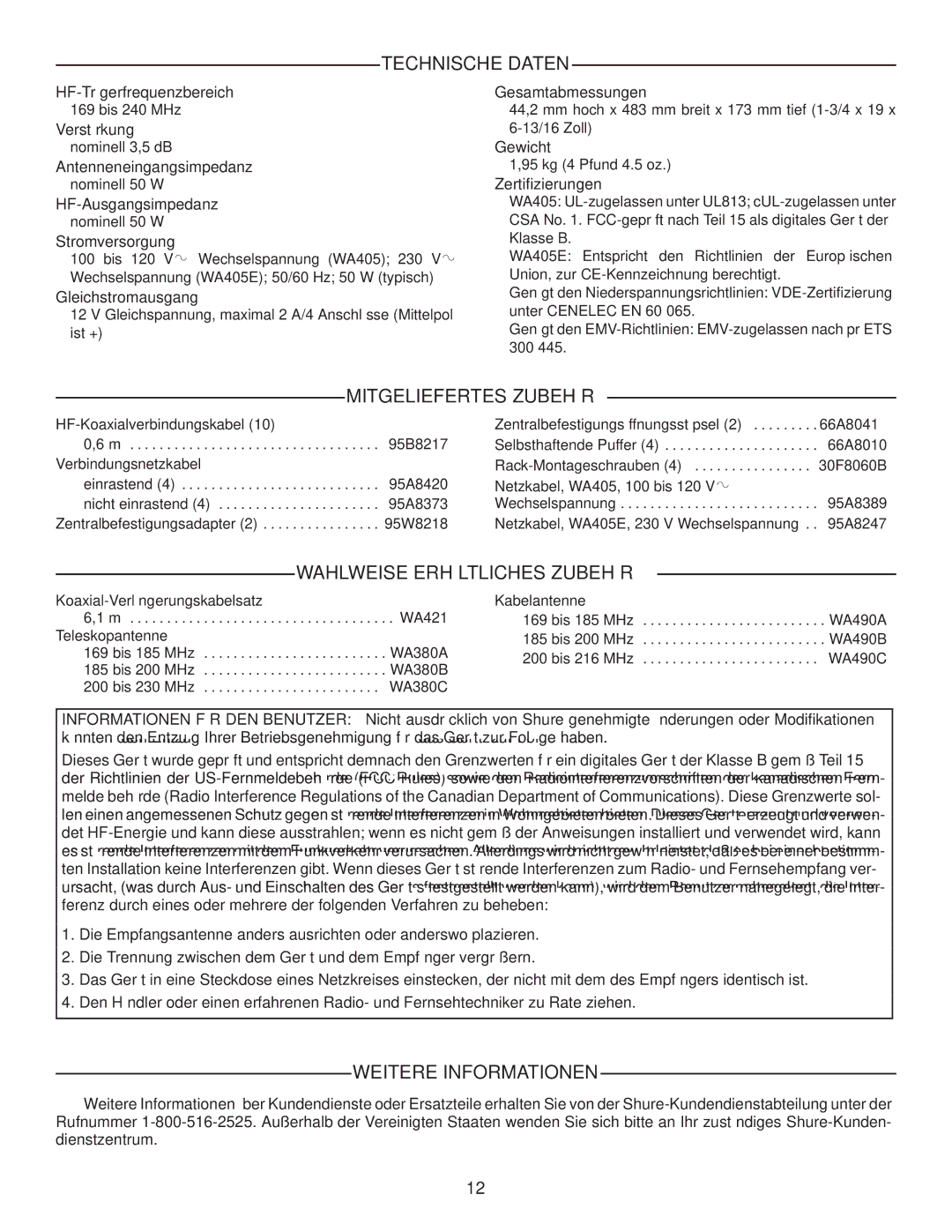 Shure WA405 manual Technische Daten, Mitgeliefertes Zubehör, Wahlweise Erhältliches Zubehör, Weitere Informationen 