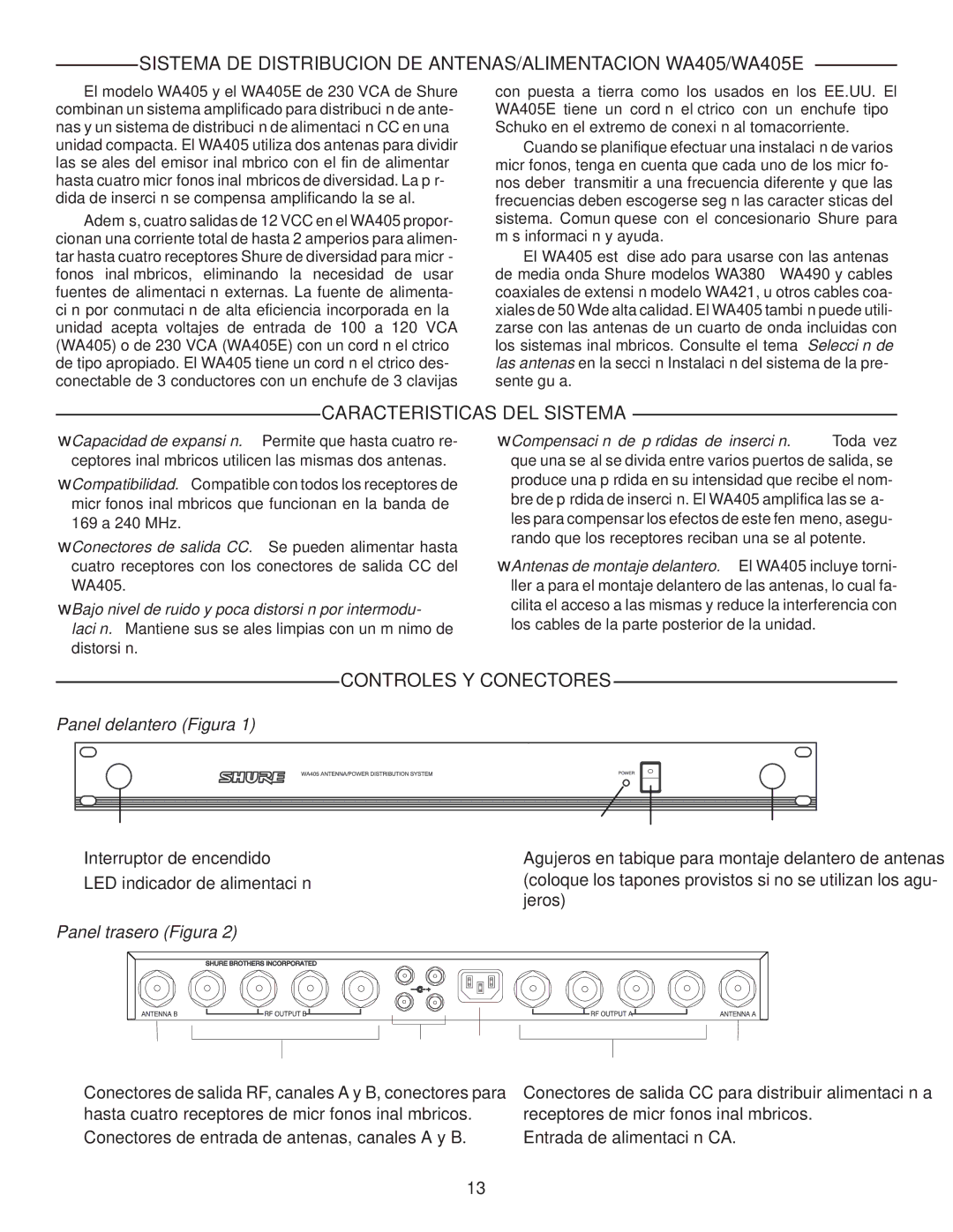 Shure WA405 manual Caracteristicas DEL Sistema, Controles Y Conectores, Panel delantero Figura, Panel trasero Figura 