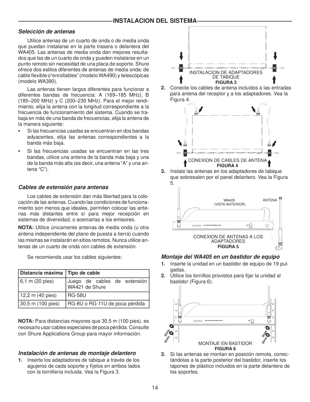 Shure WA405 manual Instalacion DEL Sistema, Selección de antenas, Cables de extensión para antenas 