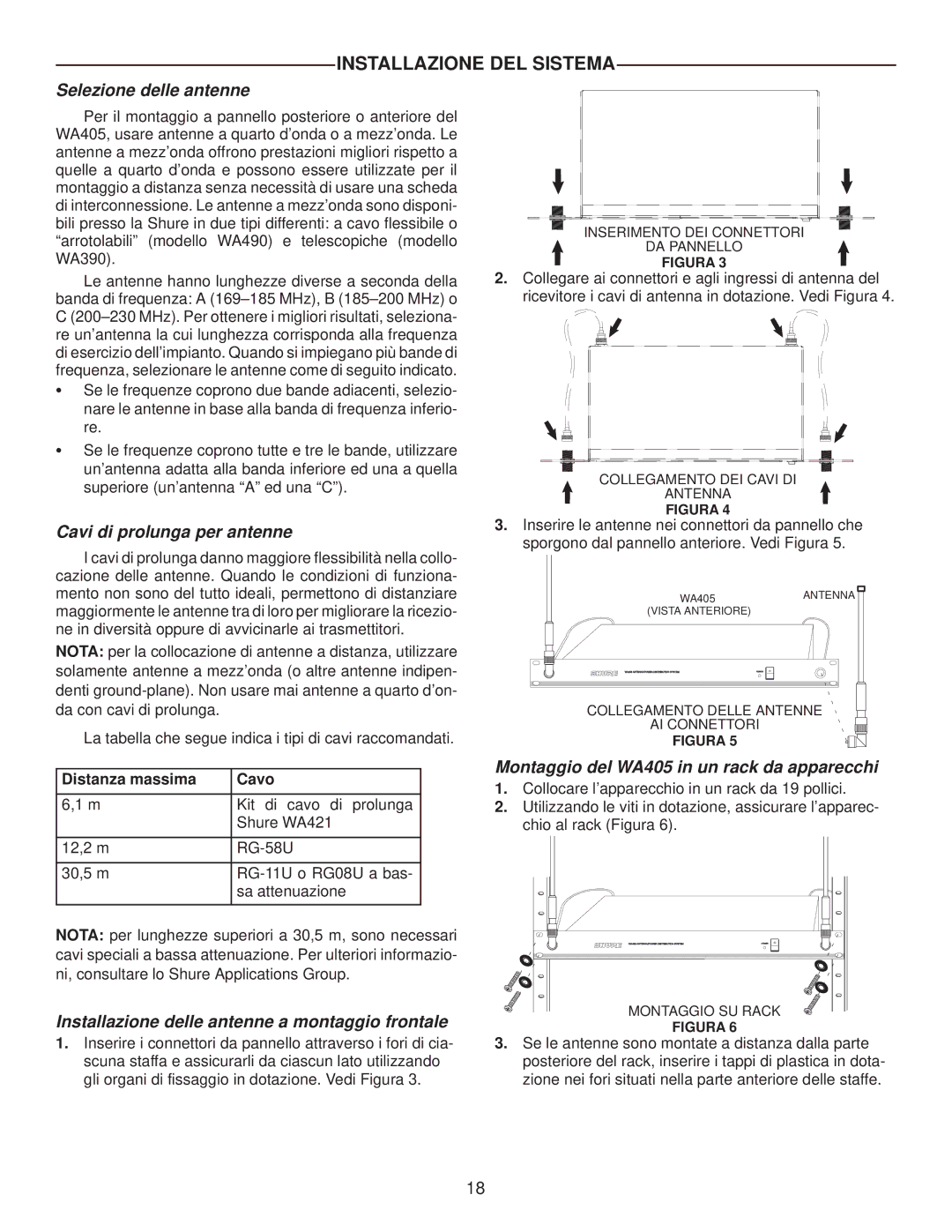 Shure WA405 manual Installazione DEL Sistema, Selezione delle antenne, Cavi di prolunga per antenne 