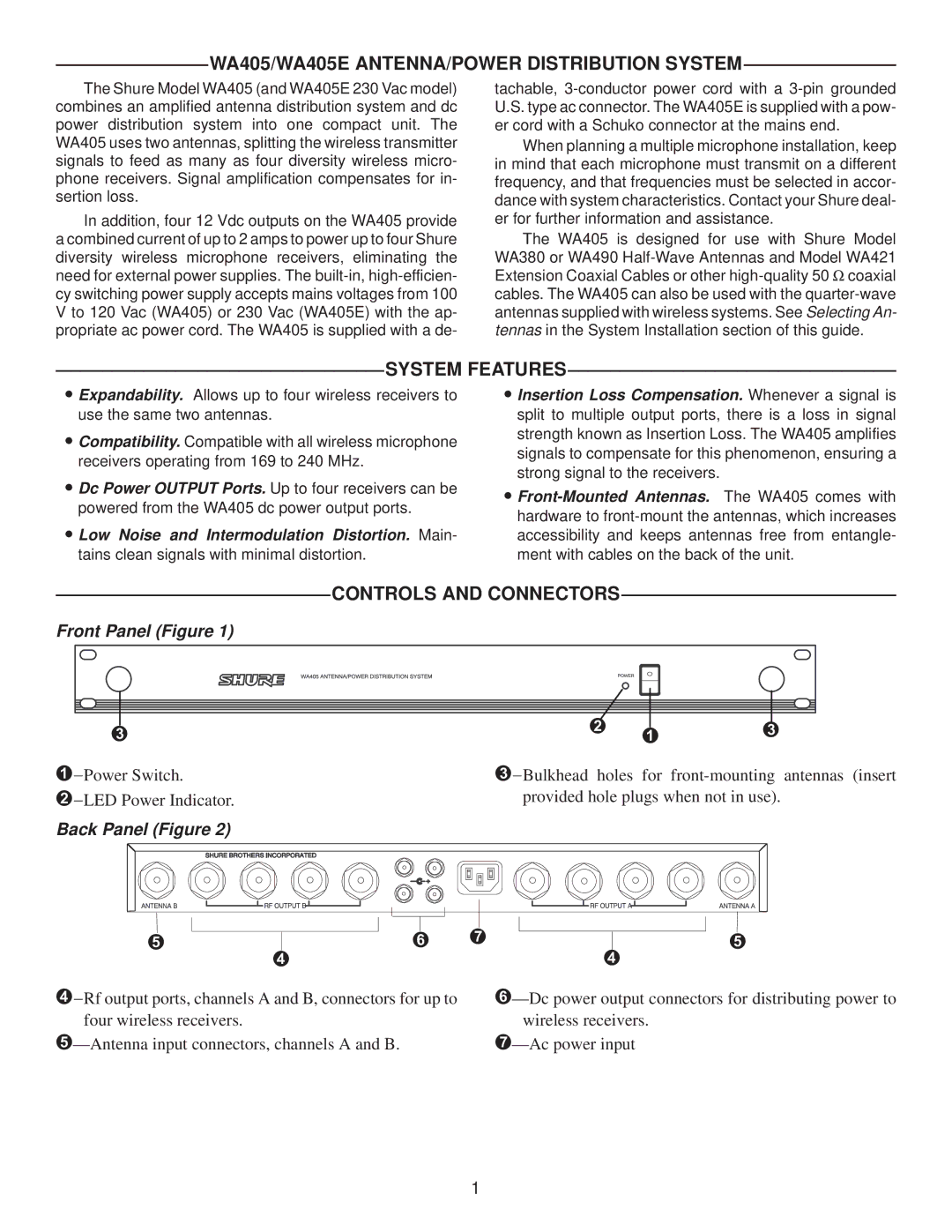 Shure WA405/WA405E ANTENNA/POWER Distribution System, System Features, Controls and Connectors, Front Panel Figure 