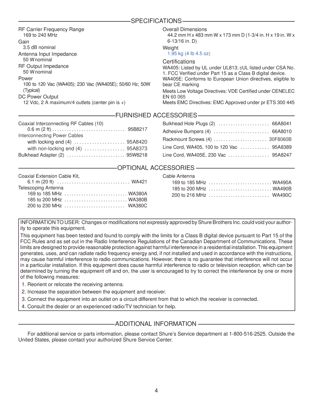 Shure WA405 manual Specifications, Furnished Accessories, Optional Accessories, Additional Information 