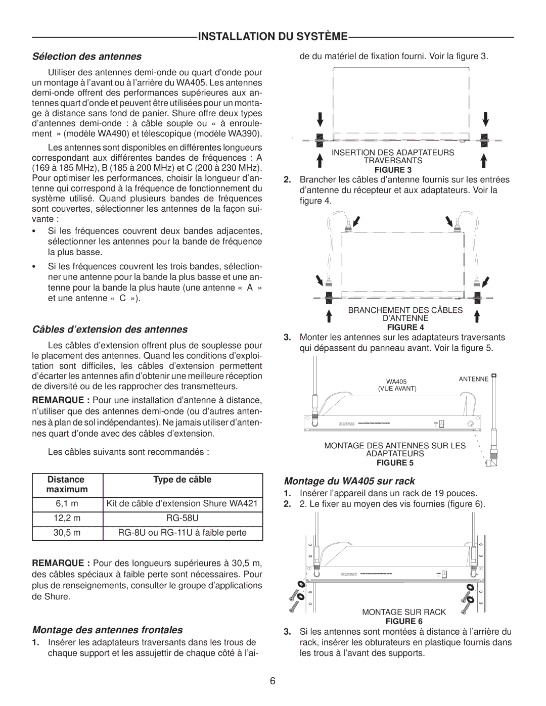 Shure manual Installation DU Système, Sélection des antennes, Câbles dextension des antennes, Montage du WA405 sur rack 